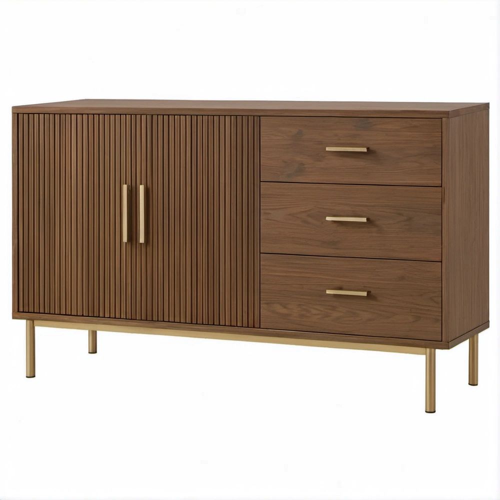 Aparador Retangular em MDF Folheado a Nogueira com 2 Portas e 3 Gavetas, 150 x 40 x 80 cm