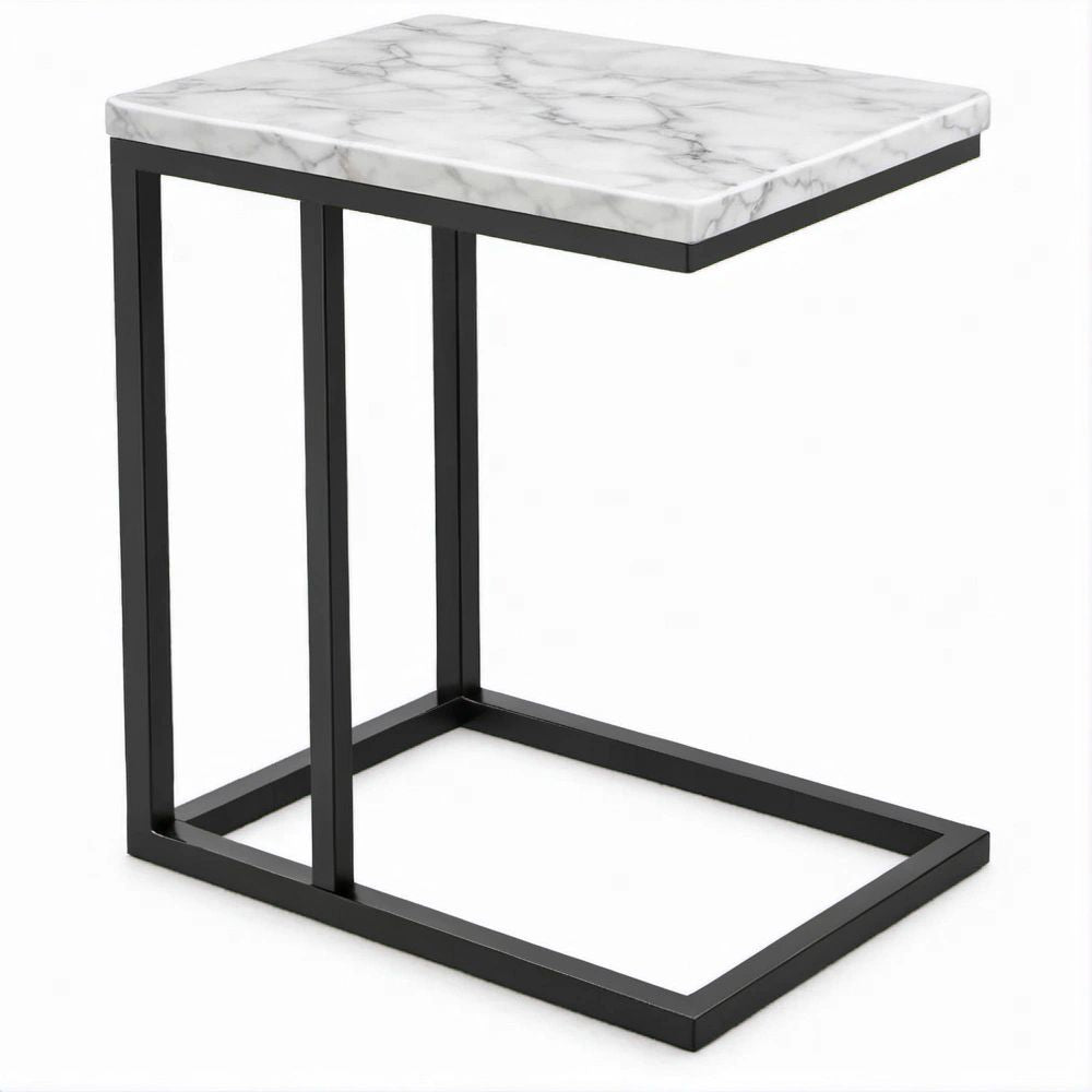 Mesa de Apoio em C com Tampo Marmoreado Branco e Estrutura Preta 45 x 30 x 60 cm