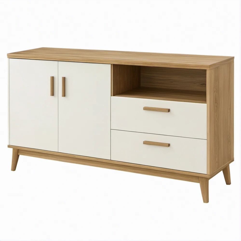 Aparador Retangular Branco e Carvalho 120 x 40 x 80 cm com 2 Portas e 2 Gavetas