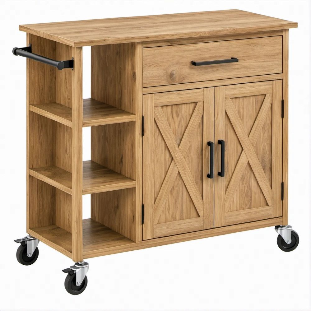 Carrinho de Cozinha em MDF Carvalho 112 x 45 x 91 cm com Rodas, Gaveta e Portas
