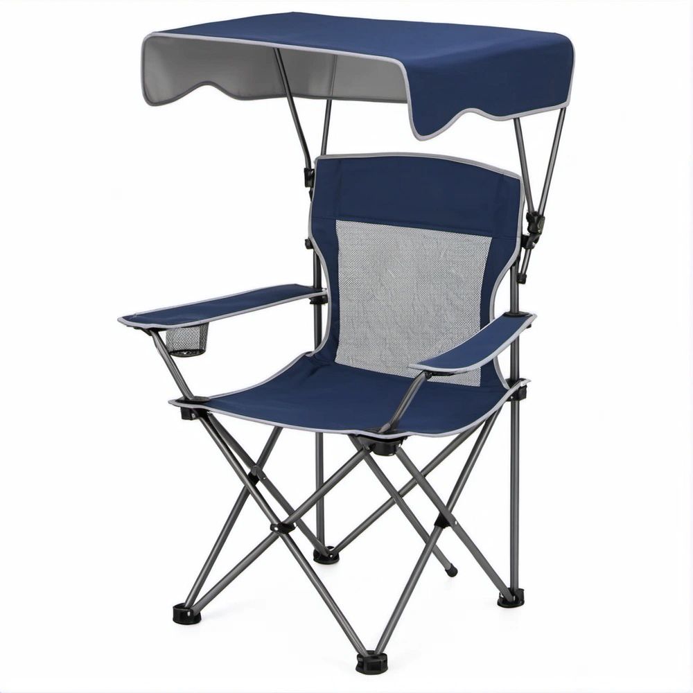 Cadeira Dobrável com Toldo Regulável Azul-Marinho, Cinzento e Preto, 85 x 50 x 145 cm