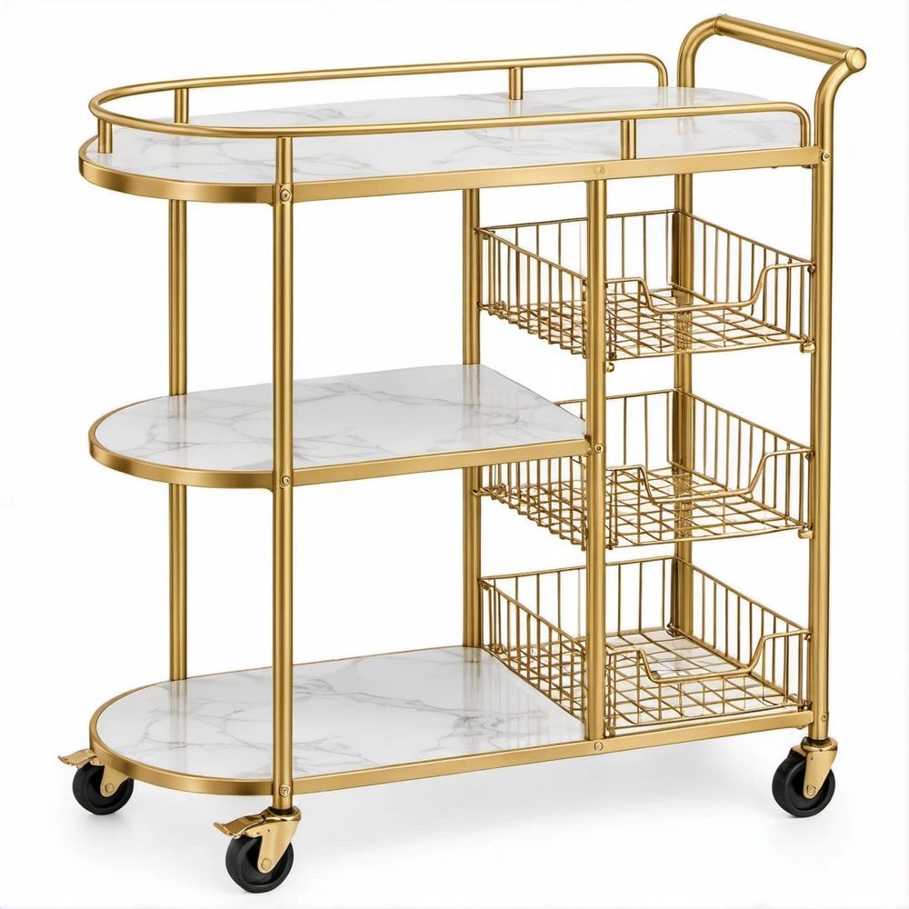 Carrinho de Servir Oval Dourado com 3 Prateleiras e 3 Cestos Laterais, 85 x 45 x 90 cm