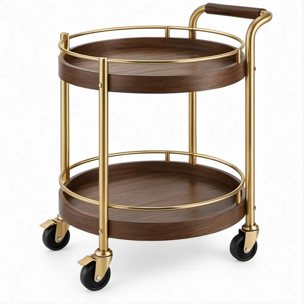 Carrinho Redondo Dourado e Castanho em Aço e MDF, 45 x 85 cm