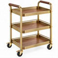 Carrinho de Serviço Dourado em Aço Carbono e MDF, 80 x 45 x 90 cm, com 3 Prateleiras e Rodízios