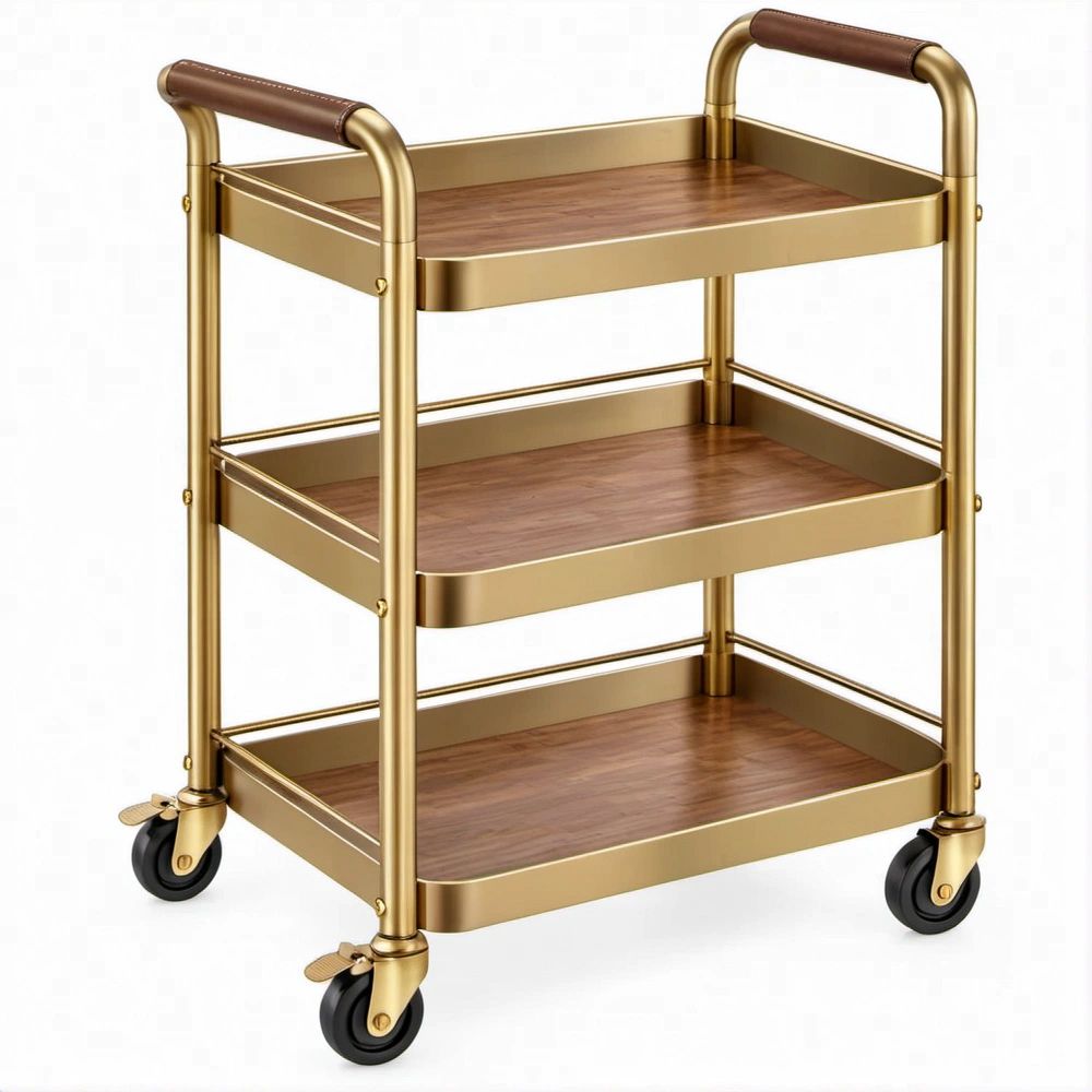 Carrinho de Serviço Dourado em Aço Carbono e MDF, 80 x 45 x 90 cm, com 3 Prateleiras e Rodízios