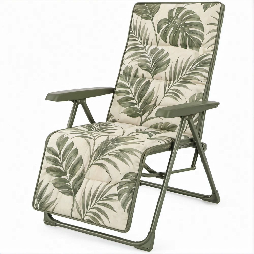 Espreguiçadeira Reclinável Dobrável Verde-azeitona e Bege com Almofada Estampada, 58 x 68 x 110 cm