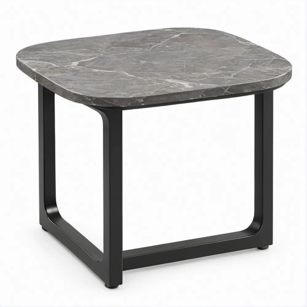 Mesa lateral quadrada cinzenta com efeito mármore e estrutura preta 55 x 55 x 50 cm