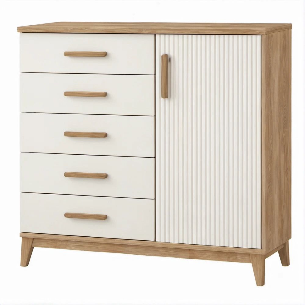 Armário com 5 Gavetas e Porta Canelada em Branco e Carvalho, 100 x 45 x 110 cm