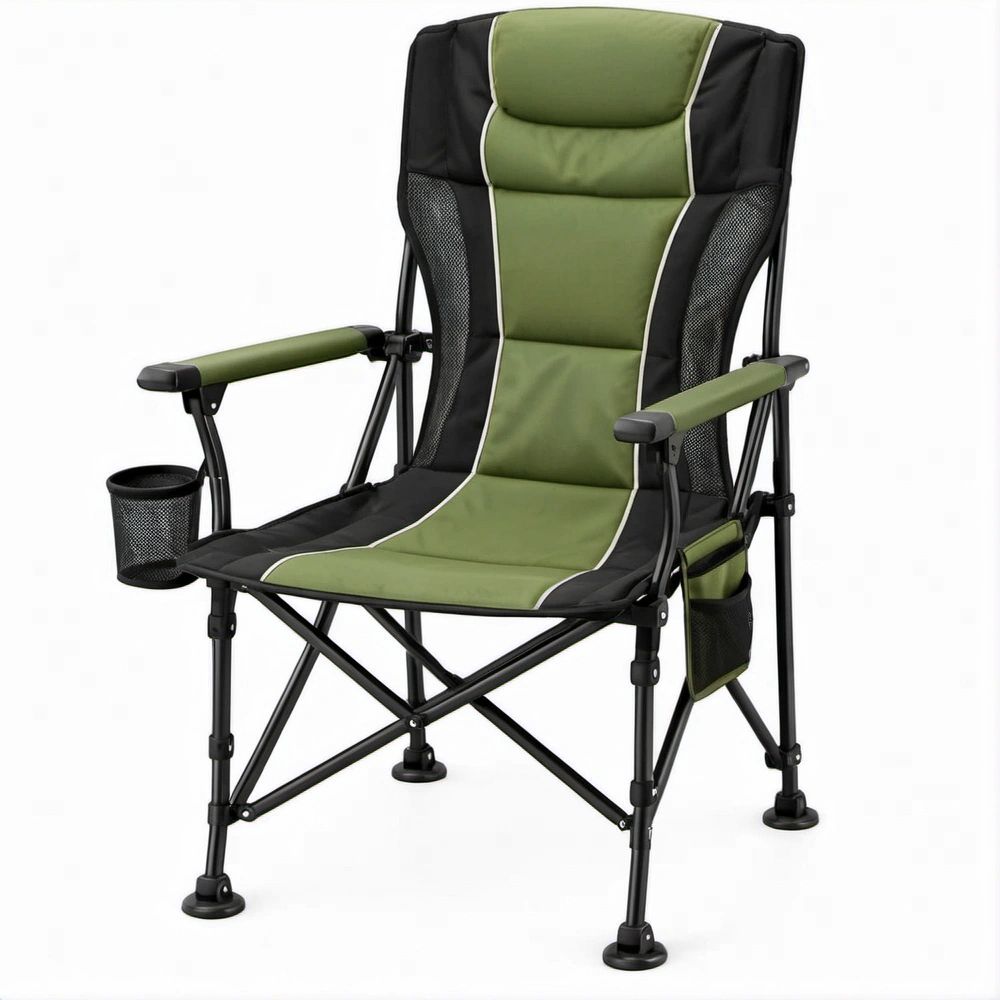 Cadeira Dobrável de Campismo com Encosto Alto, Porta-Copos e Bolso Lateral Verde/Preto 60 x 60 x 110 cm