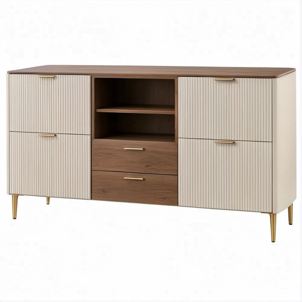 Aparador Retangular em MDF Nogueira, Creme e Dourado, 160 x 40 x 90 cm