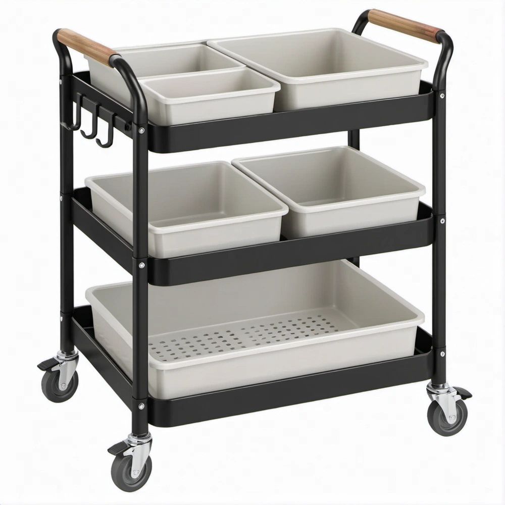 Carrinho Organizador de 3 Níveis com Rodas, Preto, Bege e Natural, 83 x 40 x 101 cm