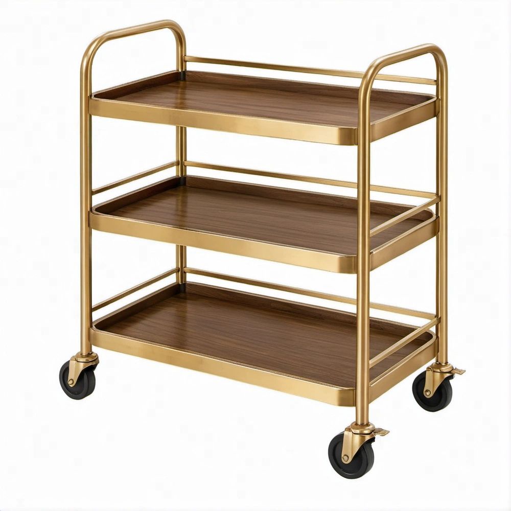 Carrinho de Jantar Dourado com 3 Prateleiras Efeito Nogueira, 80 x 45 x 85 cm