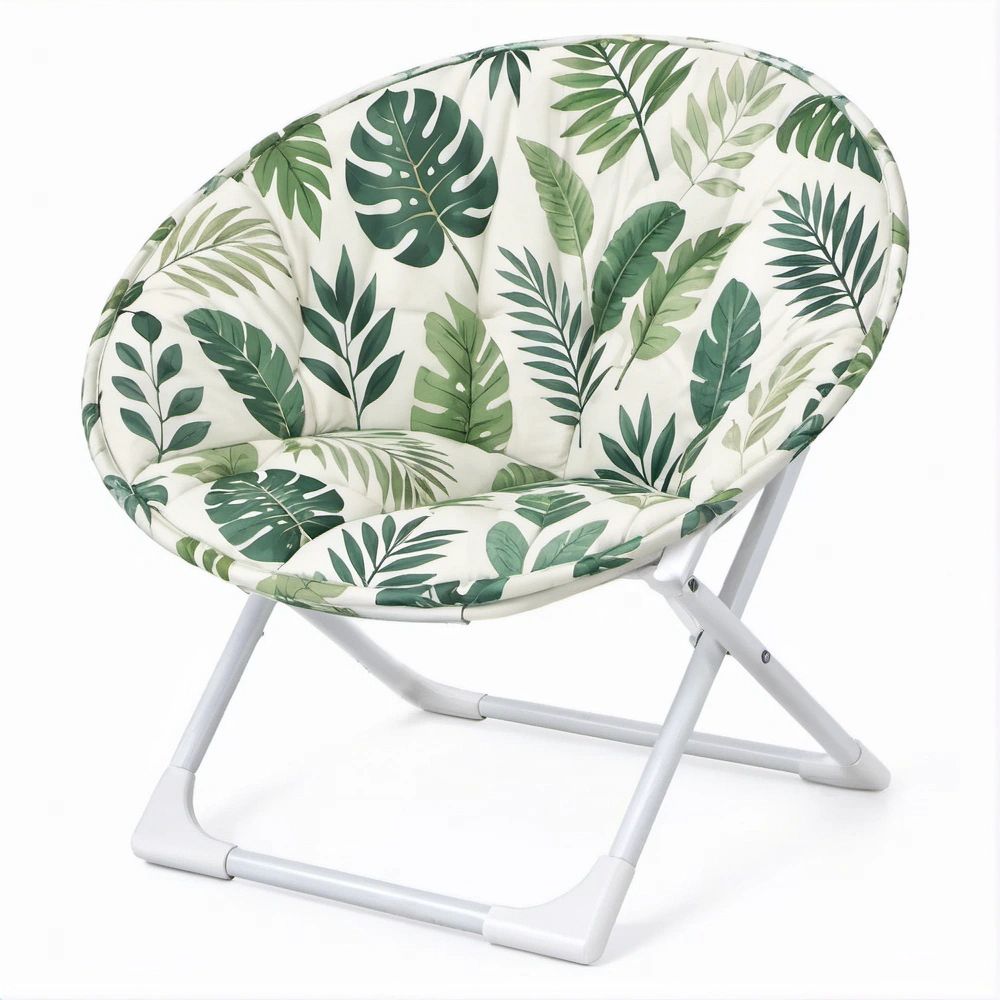Cadeira Dobrável Redonda Branca e Verde com Almofada Estampada 80 x 73 x 83 cm